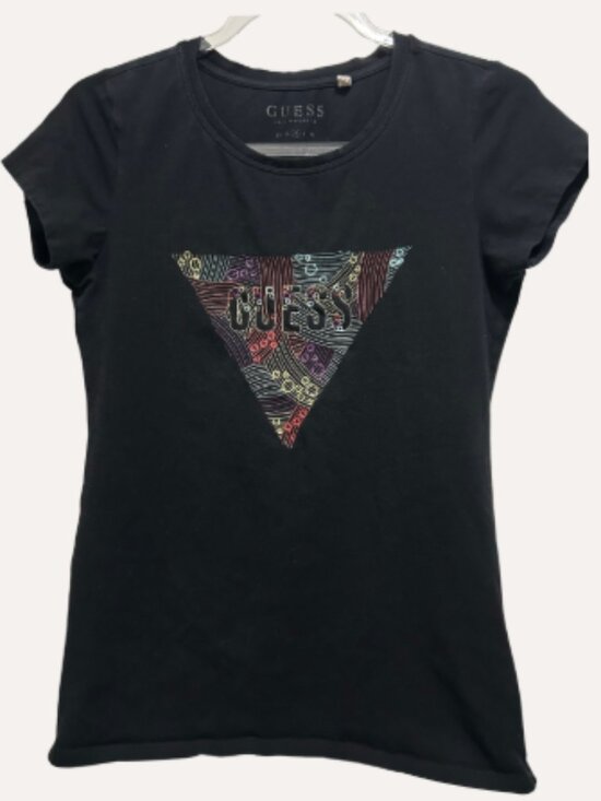 Guess Tops - GUESS Black Multicolor Triangle Logo Graphic Tee – Size M